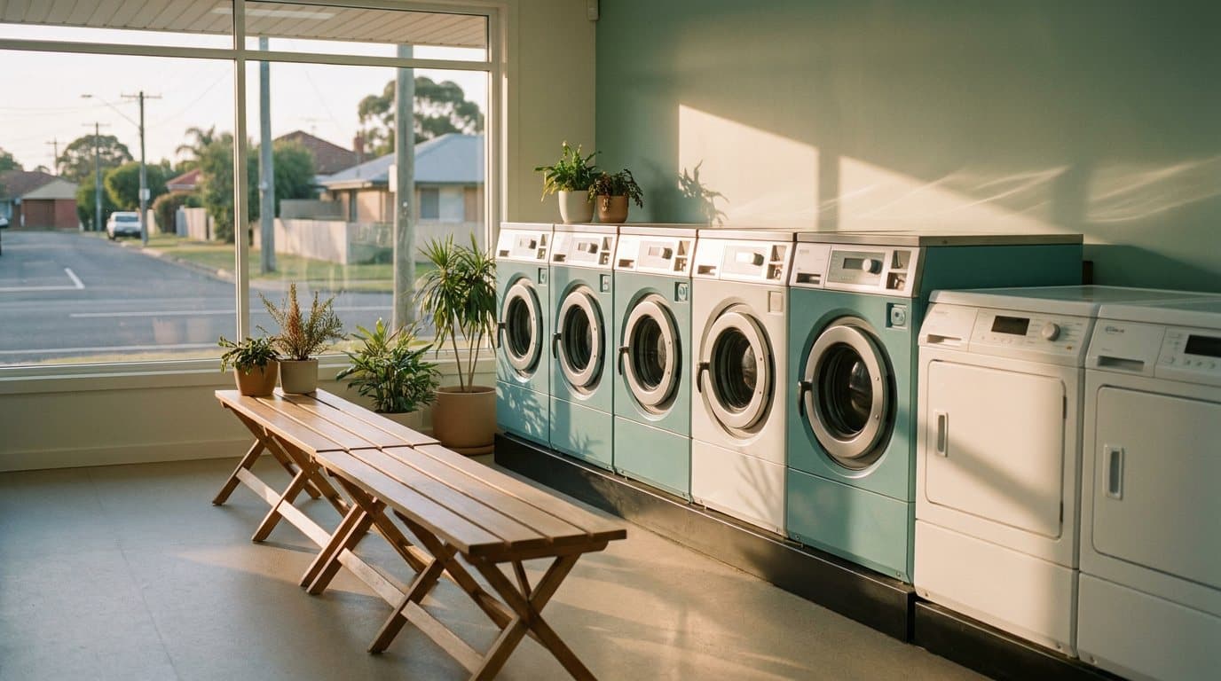 A quiet suburban laundromat in late afternoon light with a row of empty front-loading machines