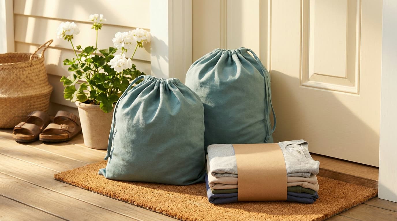 Two teal laundry bags and a paper-banded stack of folded clothes on a front doormat