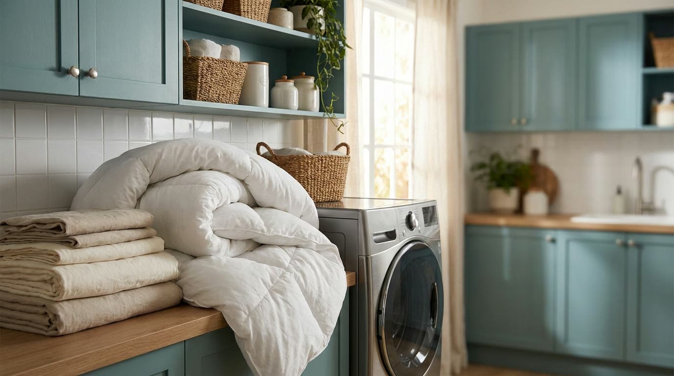 A folded doona and bedding stacked beside a front-loading washing machine in a bright laundry