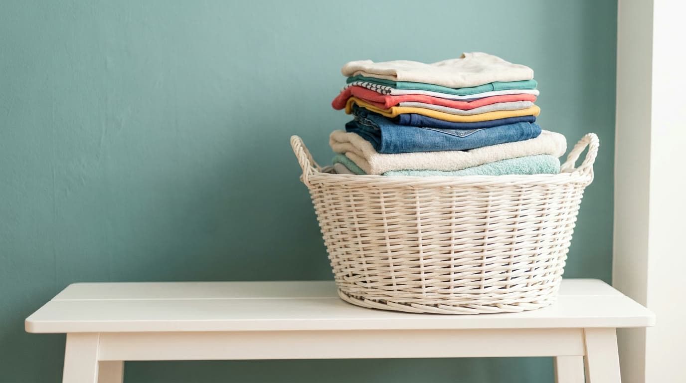 A white laundry basket holding a neat pile of folded everyday clothes on a bench against a teal wall