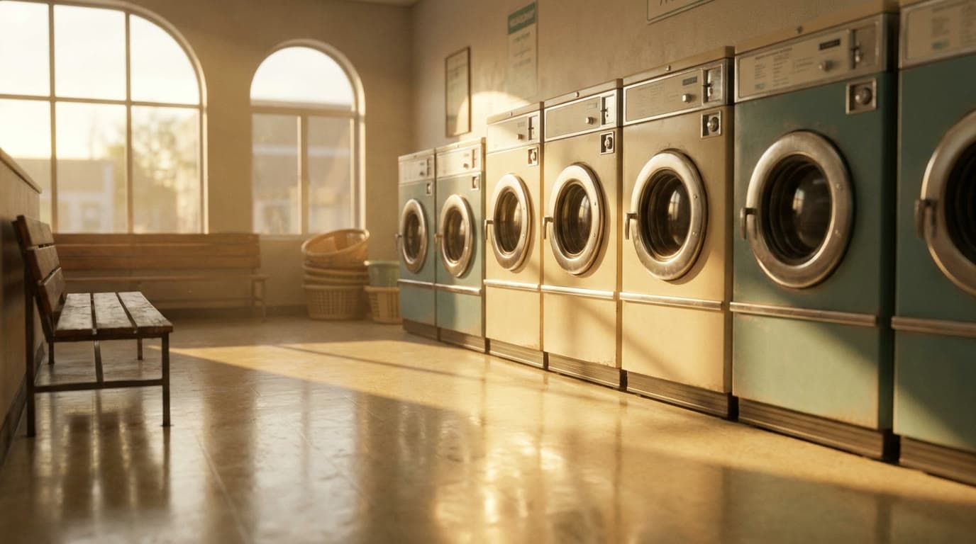 A row of empty coin-operated washing machines in a quiet laundromat in the late afternoon