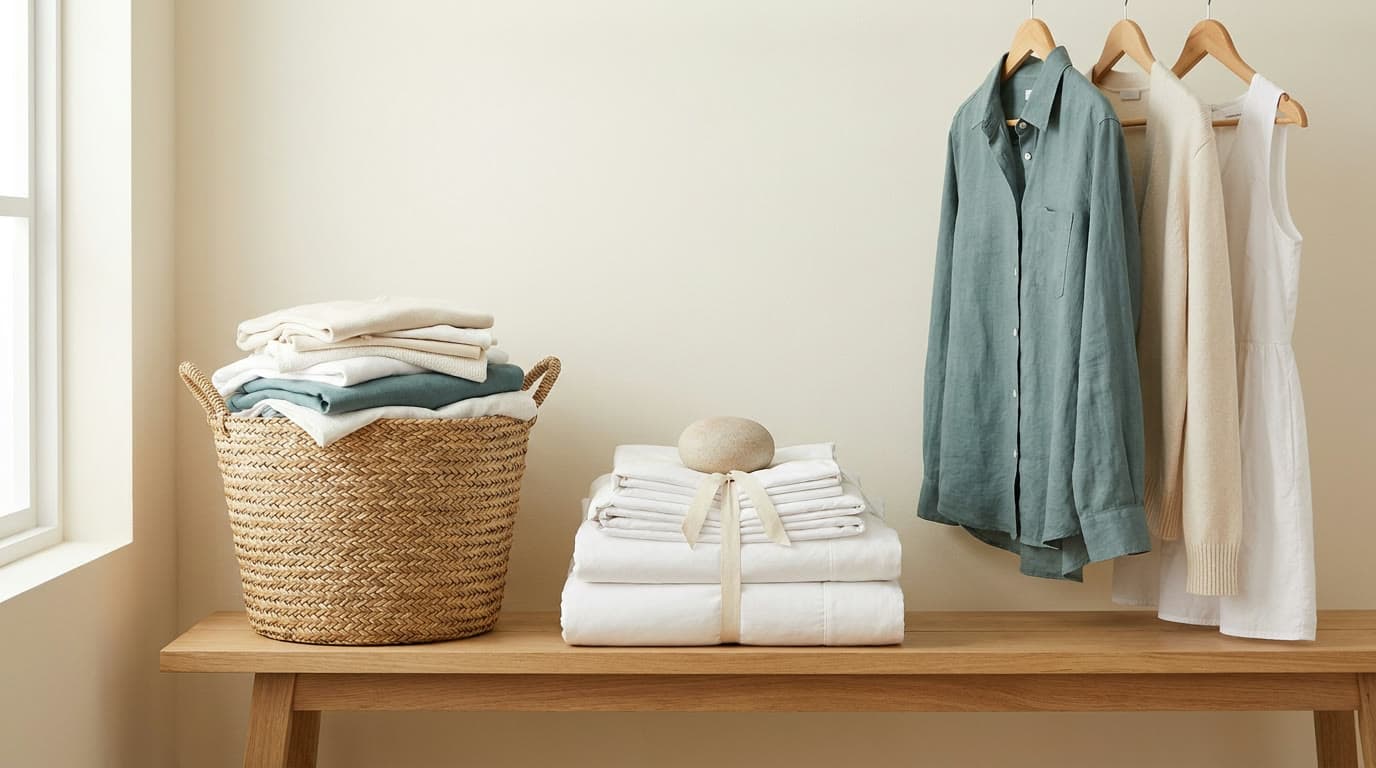 A basket of folded clothes, a tied stack of white bed linen and garments on hangers along a timber bench