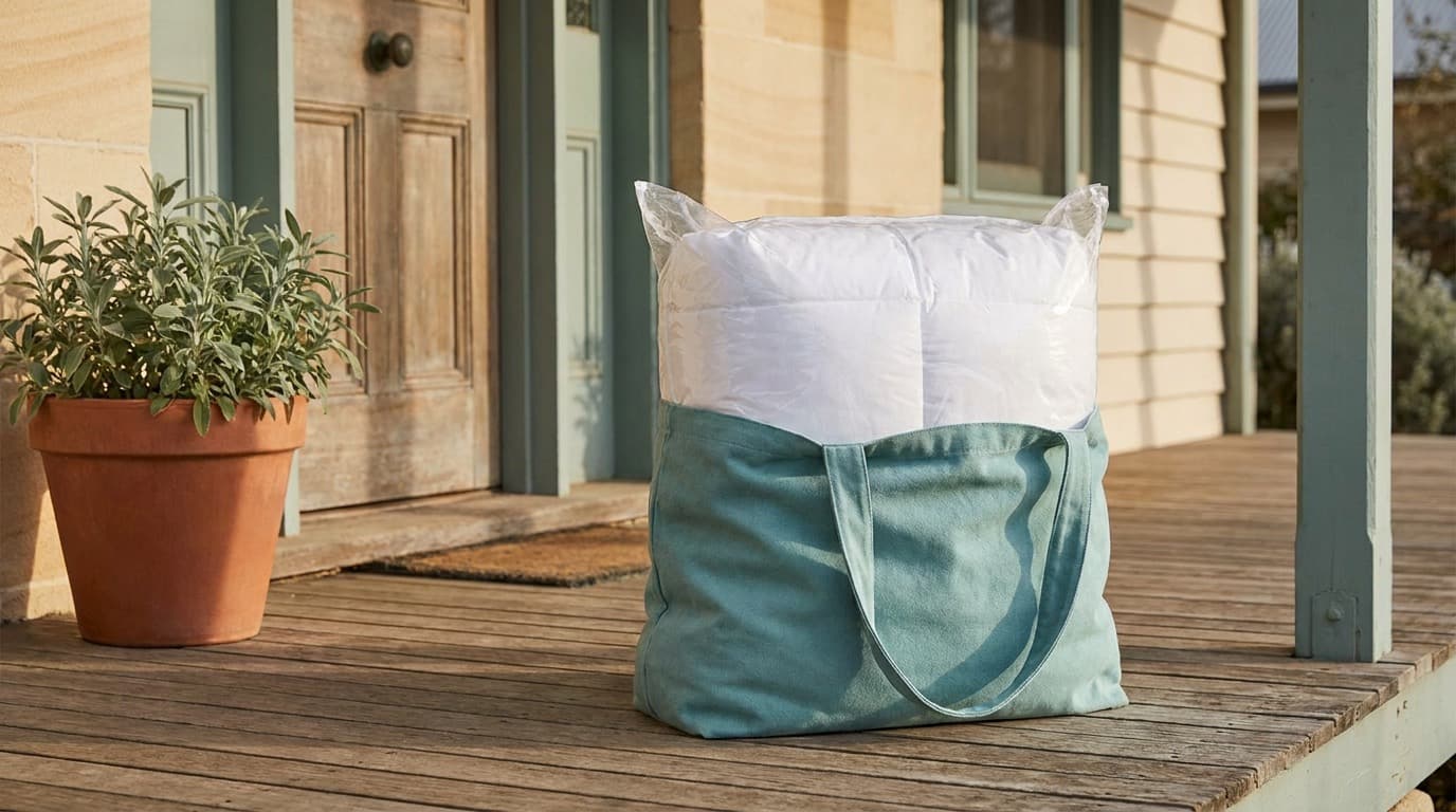 A cleaned doona wrapped and placed in a teal delivery bag on the front doorstep of a Sydney home