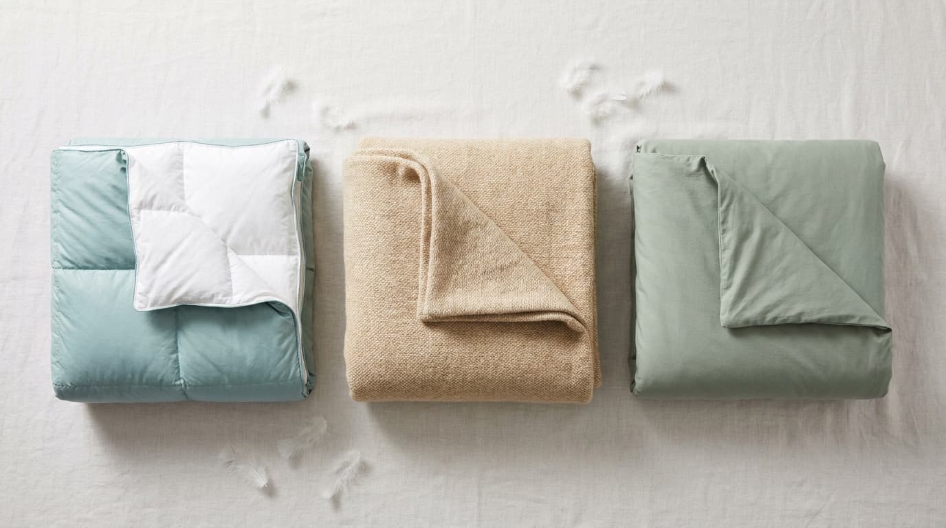 Three folded doona corners side by side showing feather and down, wool and cotton textures