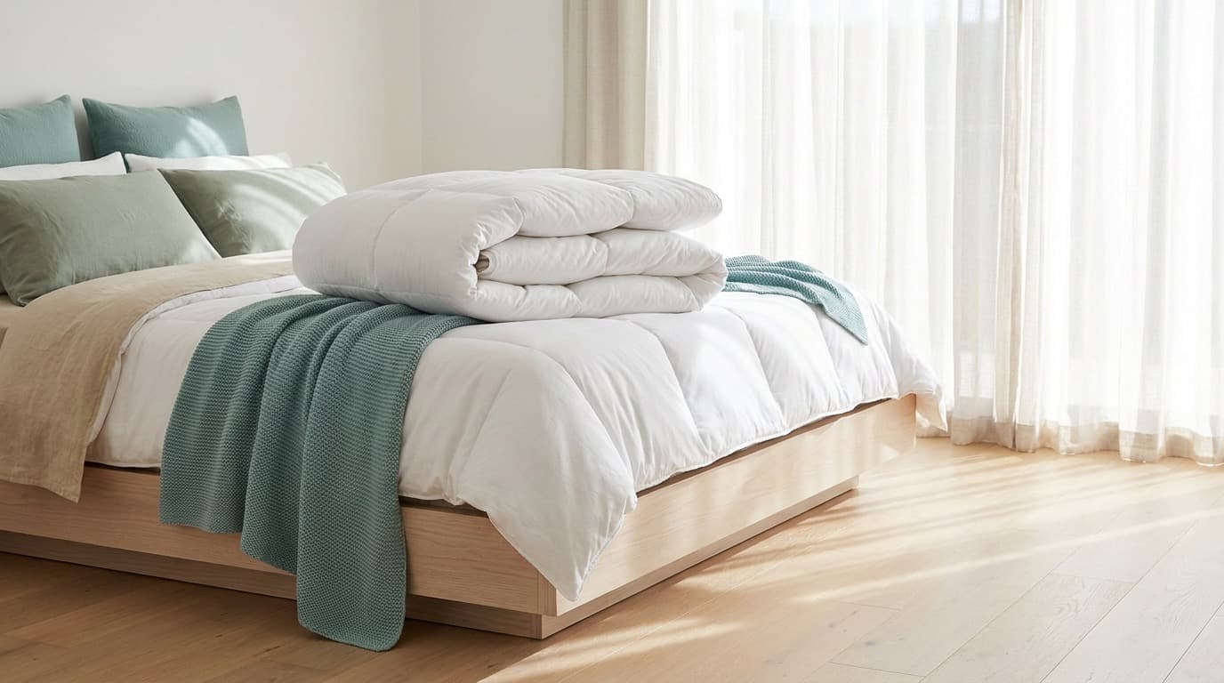 A plump white doona folded at the end of a neatly made bed beside a soft teal throw