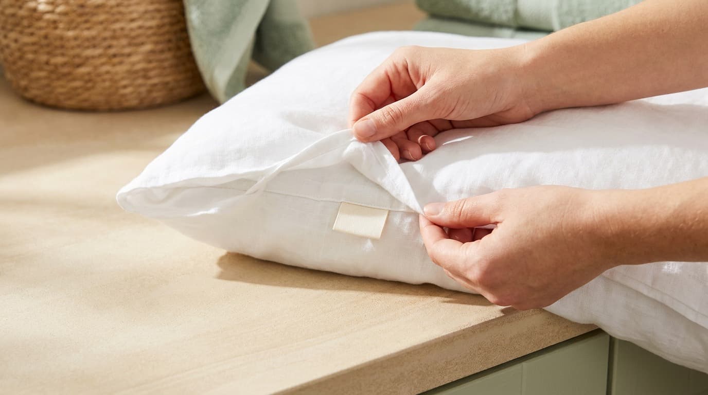 Hands turning over the corner of a white doona to check the care tag stitched into the seam
