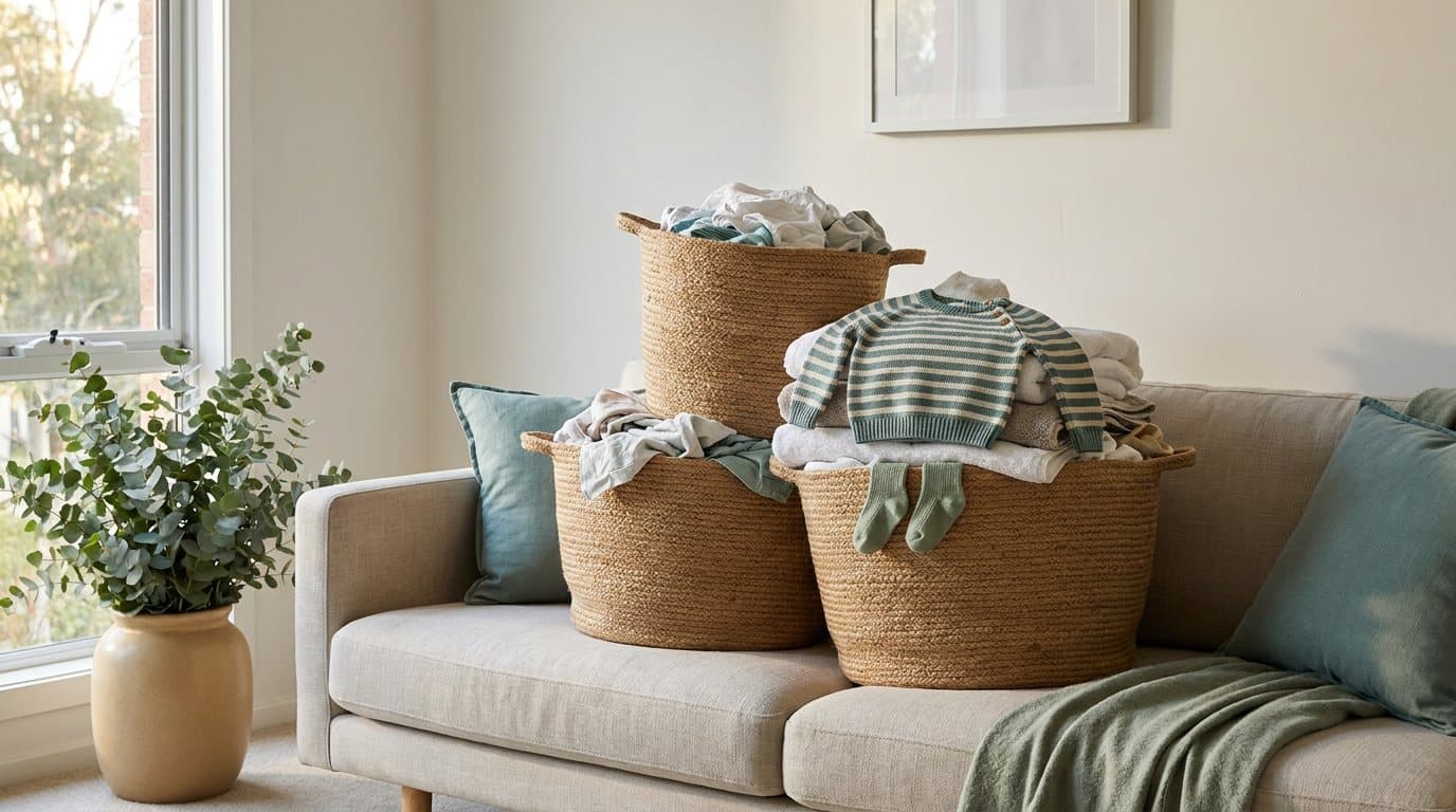 Three woven baskets piled with clean, unfolded clothes and towels on a living room sofa