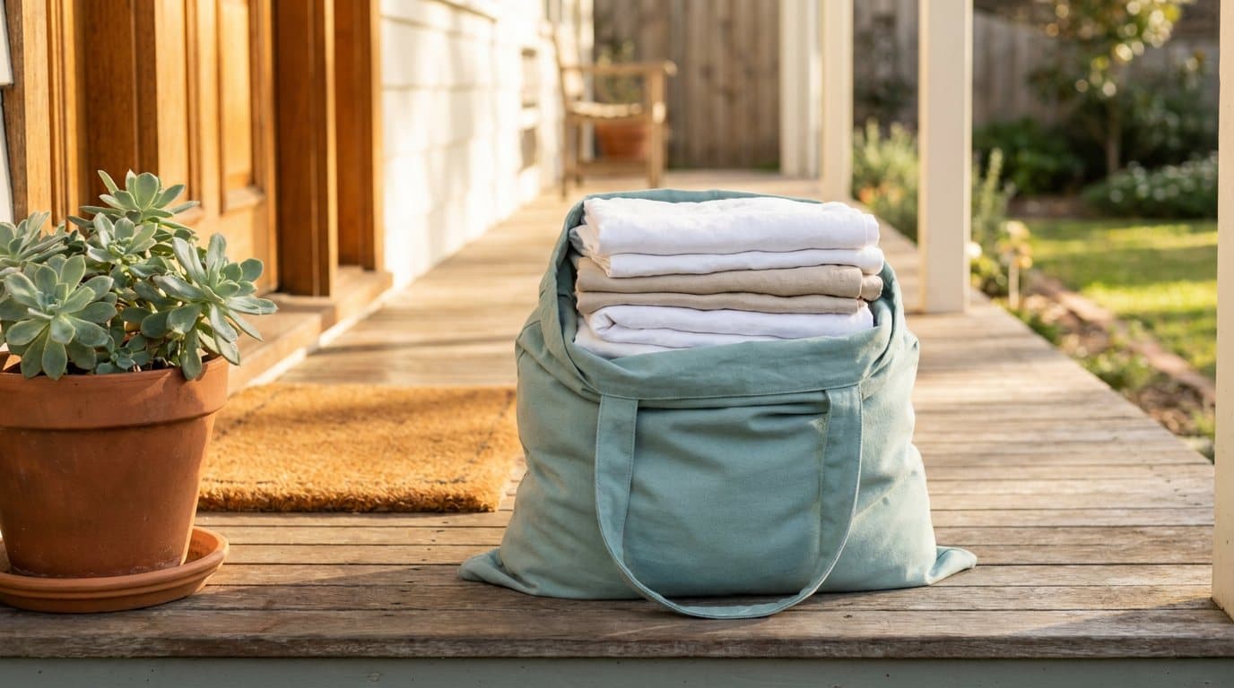 A teal laundry bag holding a neat stack of folded laundry on the timber front step of a Sydney home