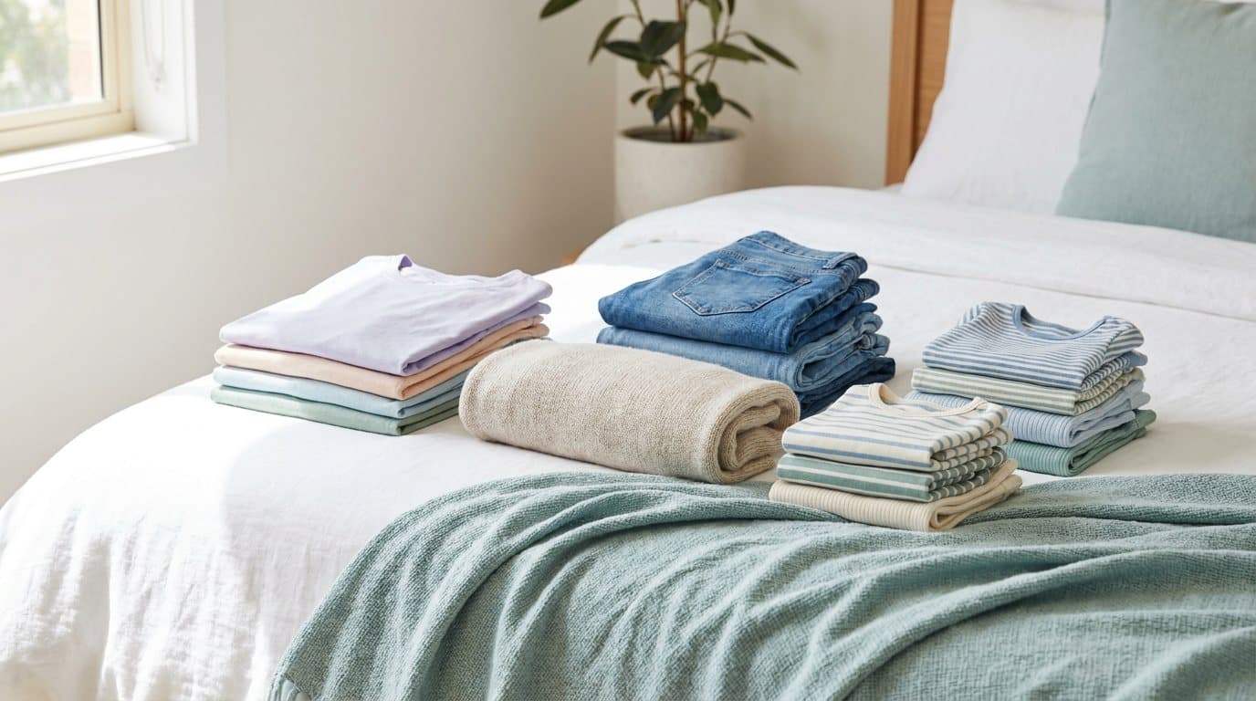 Neat stacks of folded T-shirts, jeans and children's clothes on a made white bed beside a soft teal throw