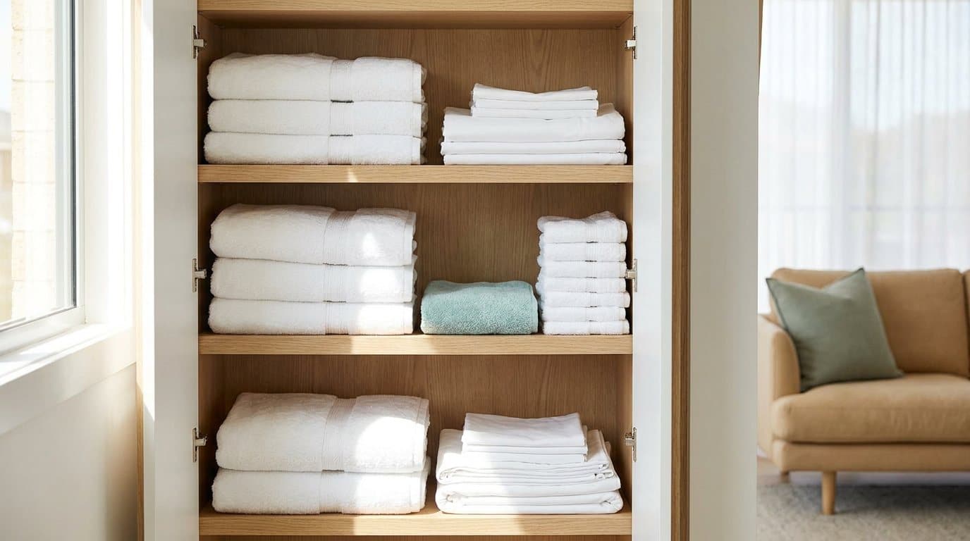 A linen cupboard with evenly folded white towels and sheet sets stacked on timber shelves