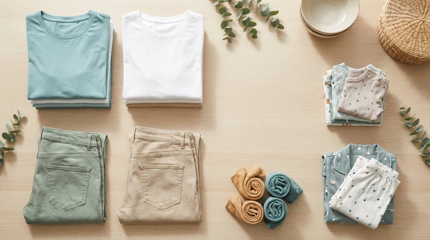 Folded T-shirts, pants, children's clothes, pyjamas and rolled socks sorted into neat groups on a timber table