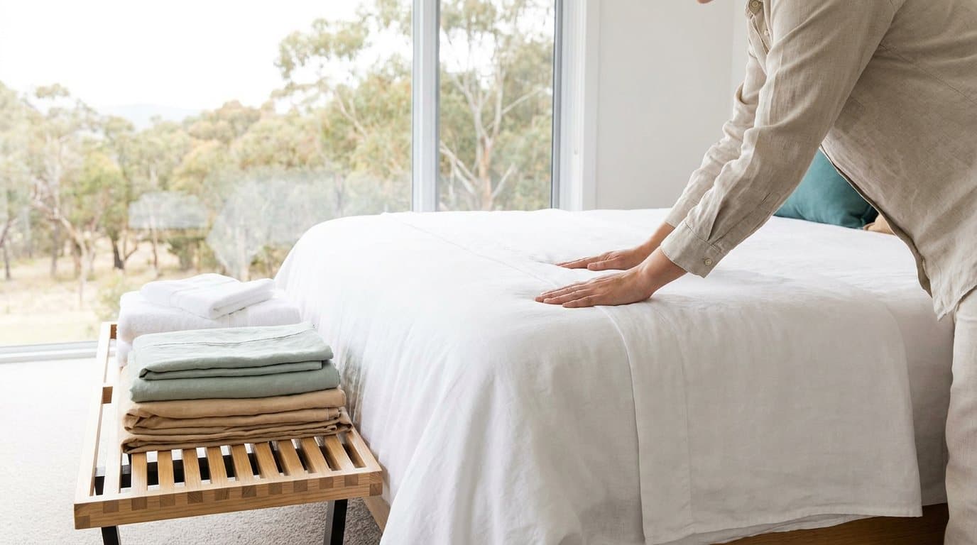 Crisp white sheets being smoothed flat on a bed, with folded spare sheets and towels stacked nearby