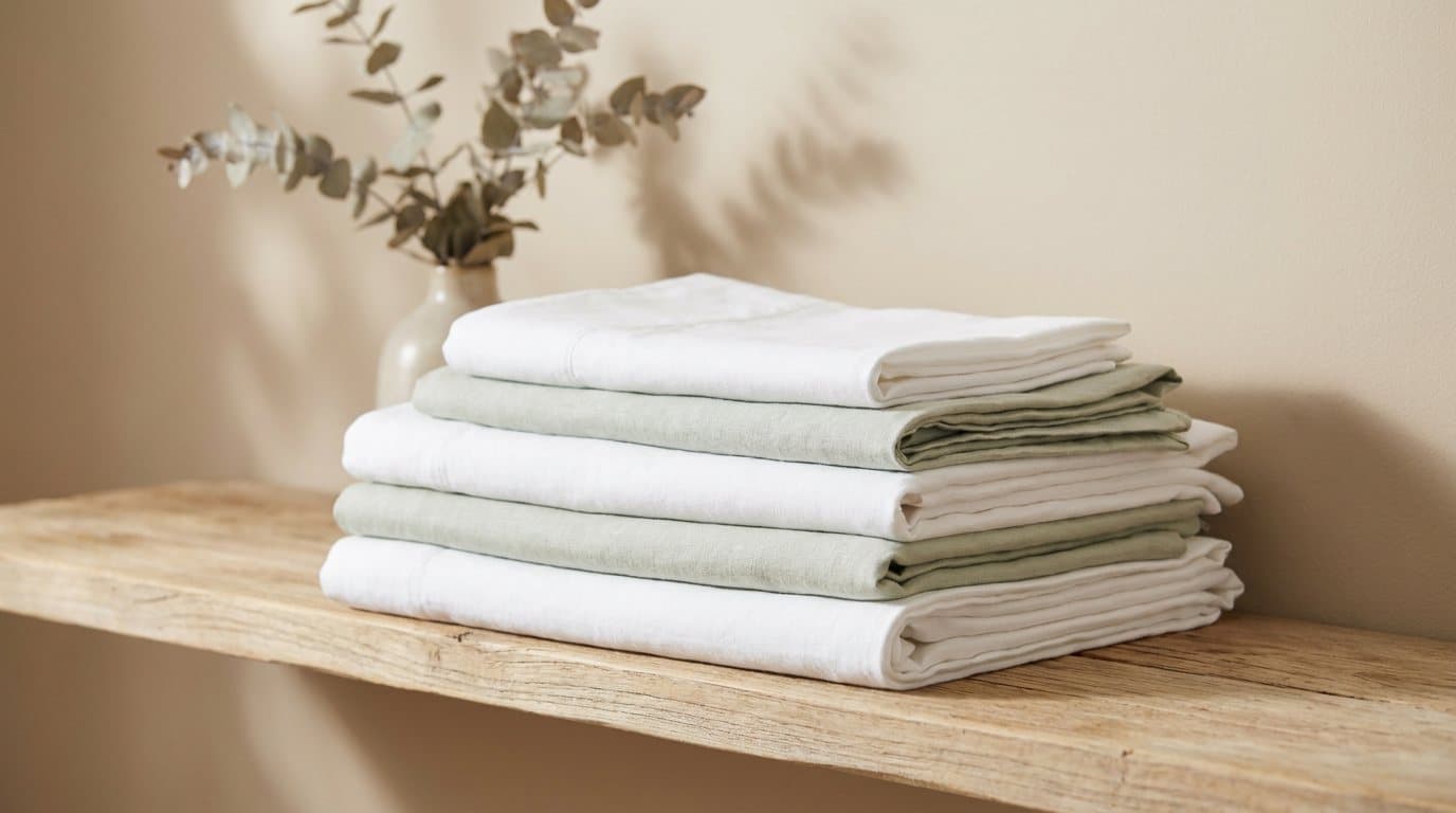A stack of freshly laundered white and pale sage sheets folded into even squares on a timber shelf