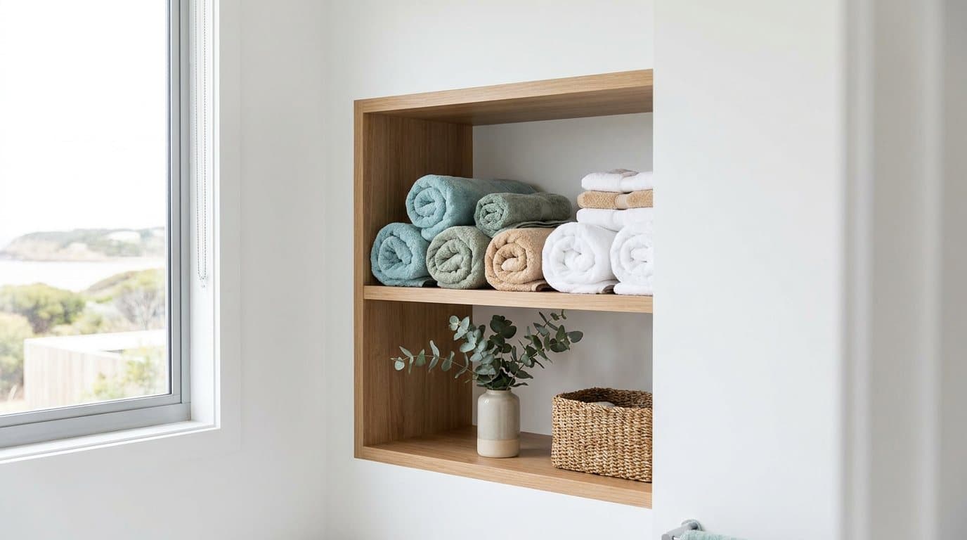 Rolled and folded bath towels in a bathroom shelving nook in soft natural light