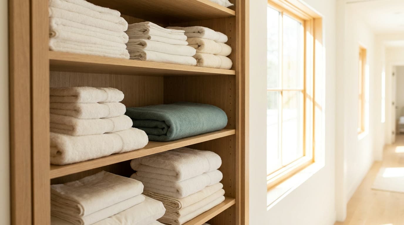 Linen cupboard shelves stacked with folded white towels and sheets with one teal blanket
