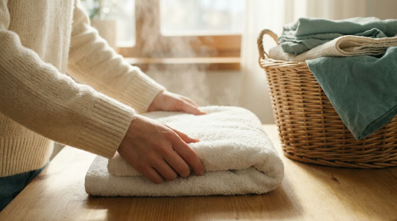 Hands folding a fluffy white towel on a bright laundry table beside a basket of fresh washing