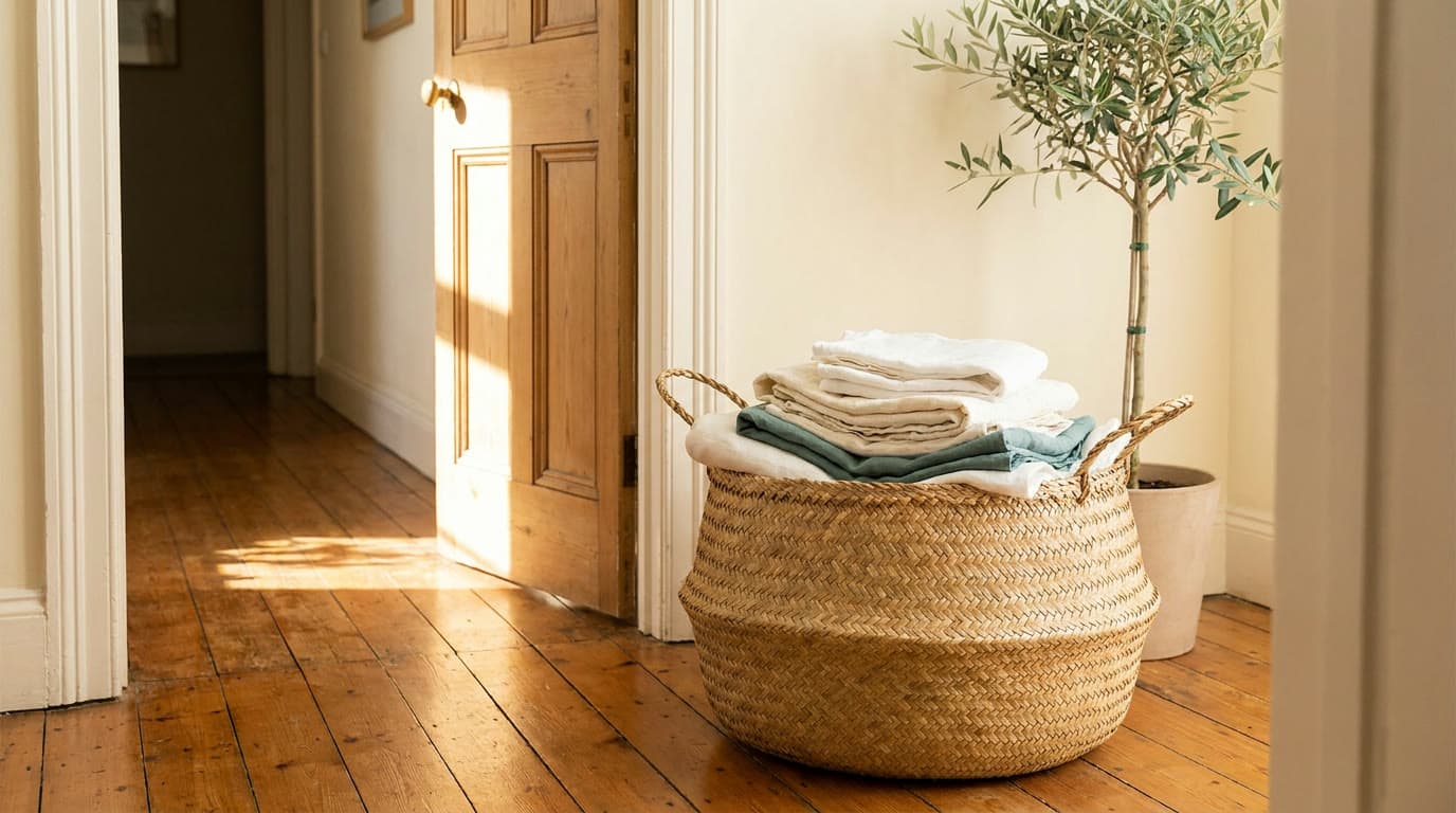 A woven basket of neatly folded clothes and linen at a bright apartment doorway