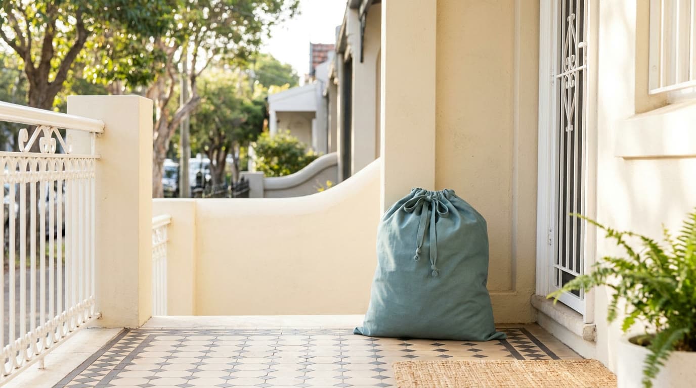 A teal drawstring laundry bag waiting on the tiled front porch of a Sydney terrace house