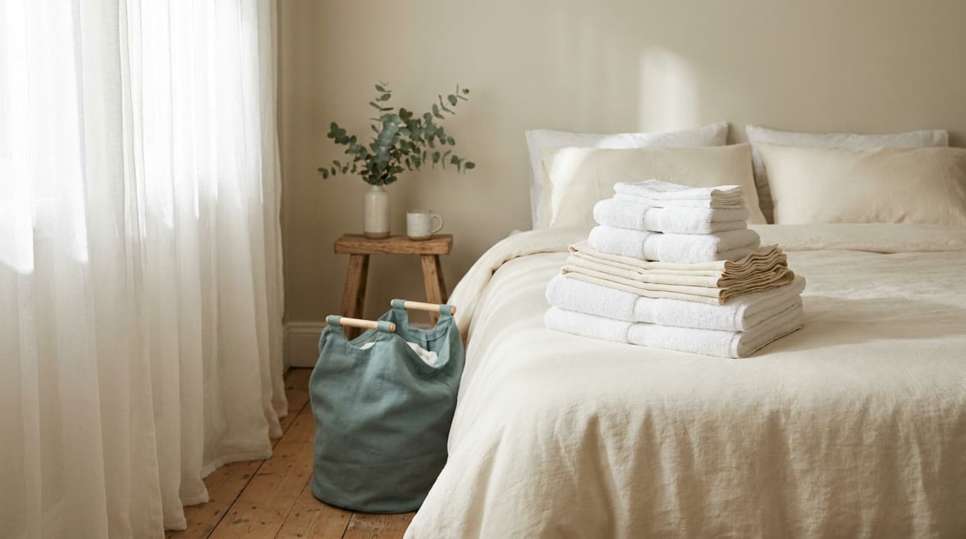 A stack of freshly folded white towels and cream linen on a bed beside a soft teal laundry bag