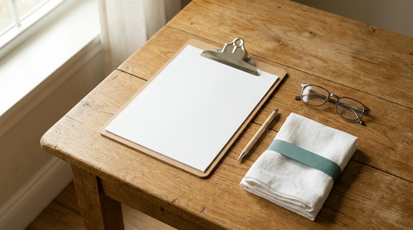 A clipboard, pen and reading glasses on a table beside folded towels tied with a teal band