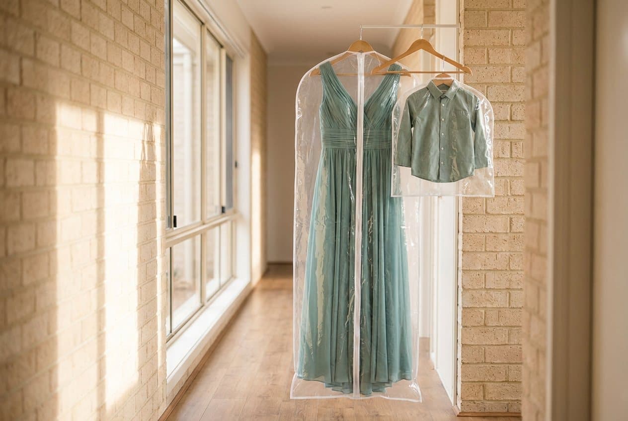 A long formal gown and a child's pressed shirt in clear garment covers in a sunlit hallway