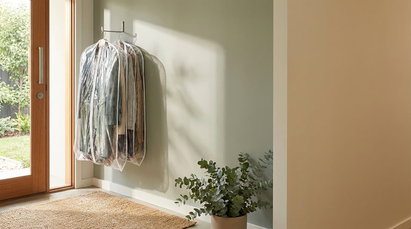 Two garments in clear covers hanging beside the front door of an Australian home, ready for collection