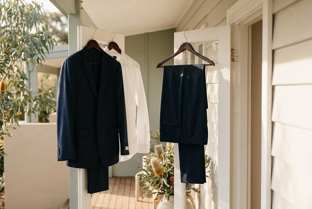 A pressed navy suit and white business shirt on wooden hangers at the open door of a family home