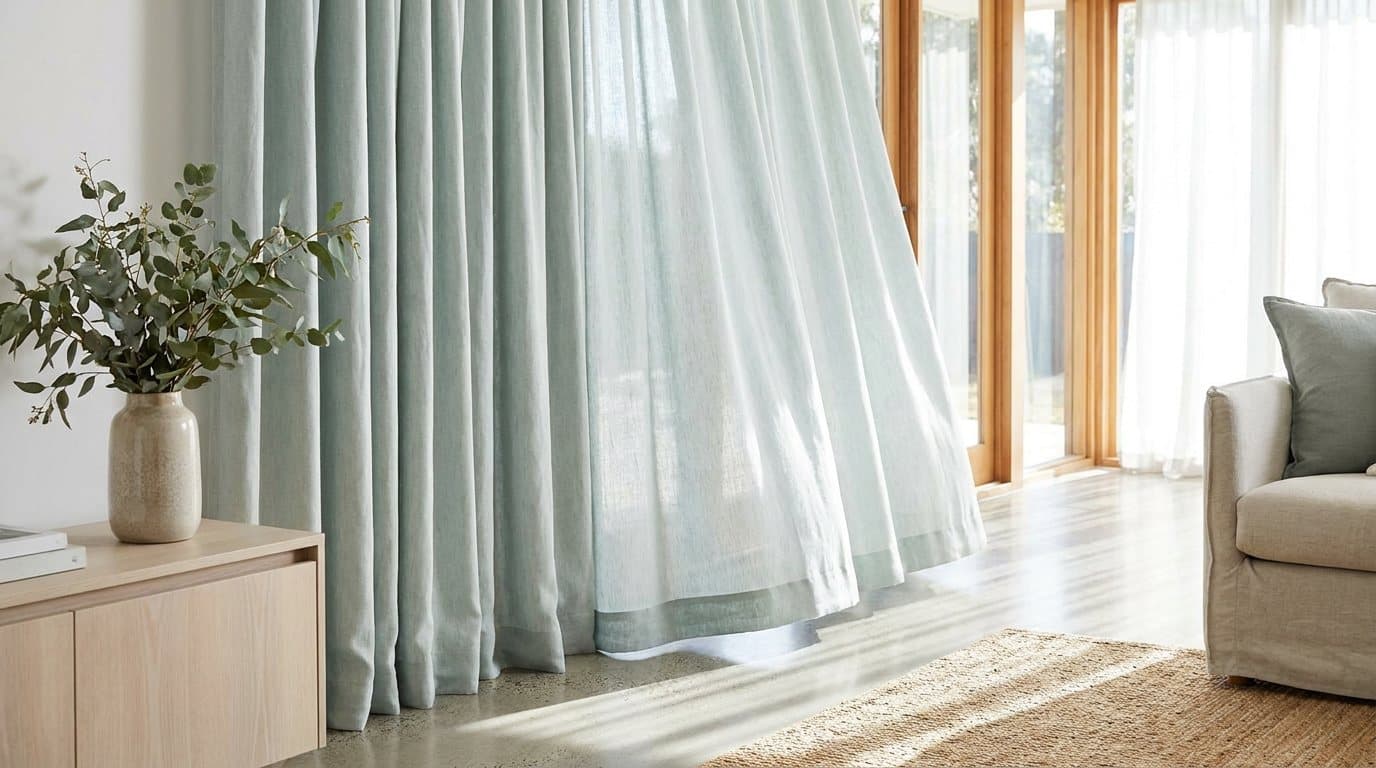 Freshly cleaned full-length pale linen curtains hanging in a sunlit living room