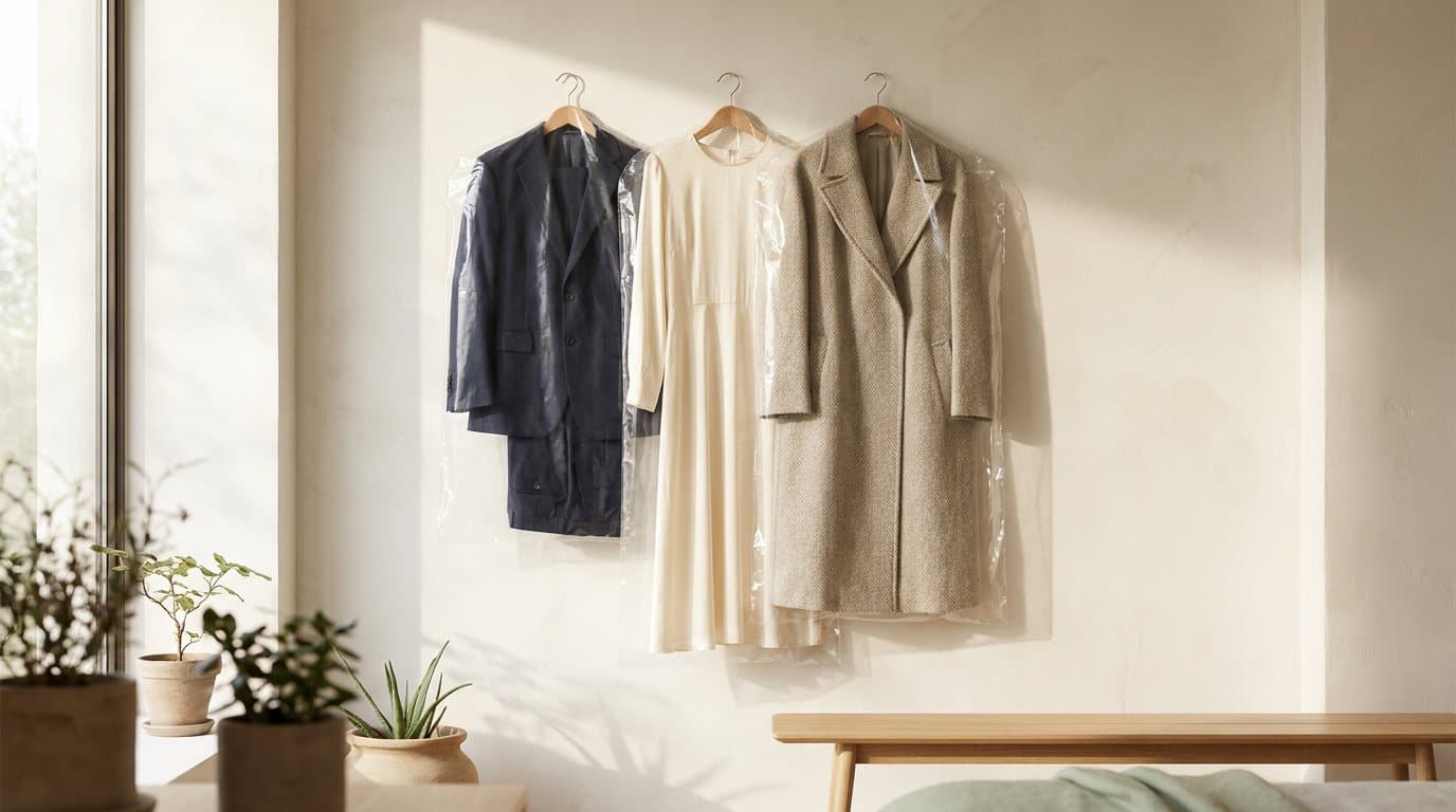A navy suit, cream dress and wool coat on timber hangers in clear garment covers against a warm white wall