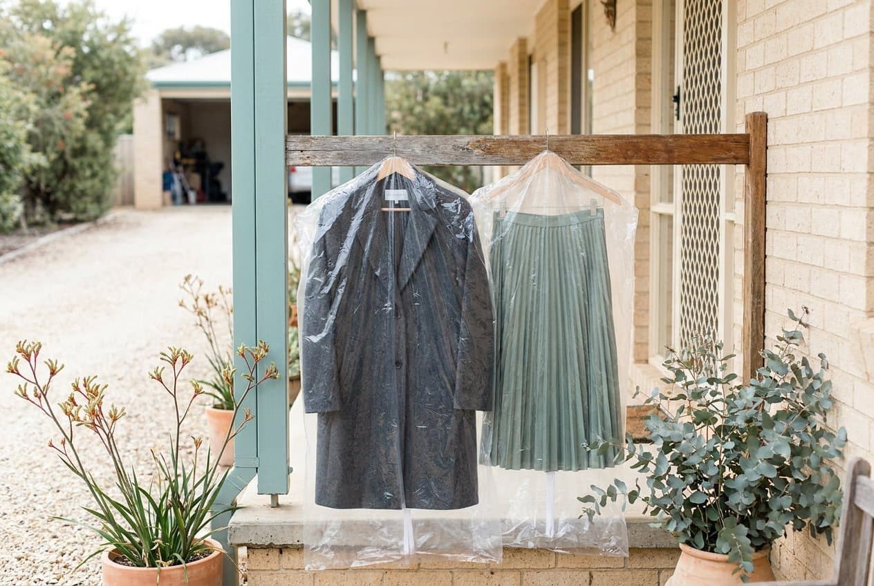 A wool coat and pleated skirt in clear covers hanging on the front porch rail of a brick home