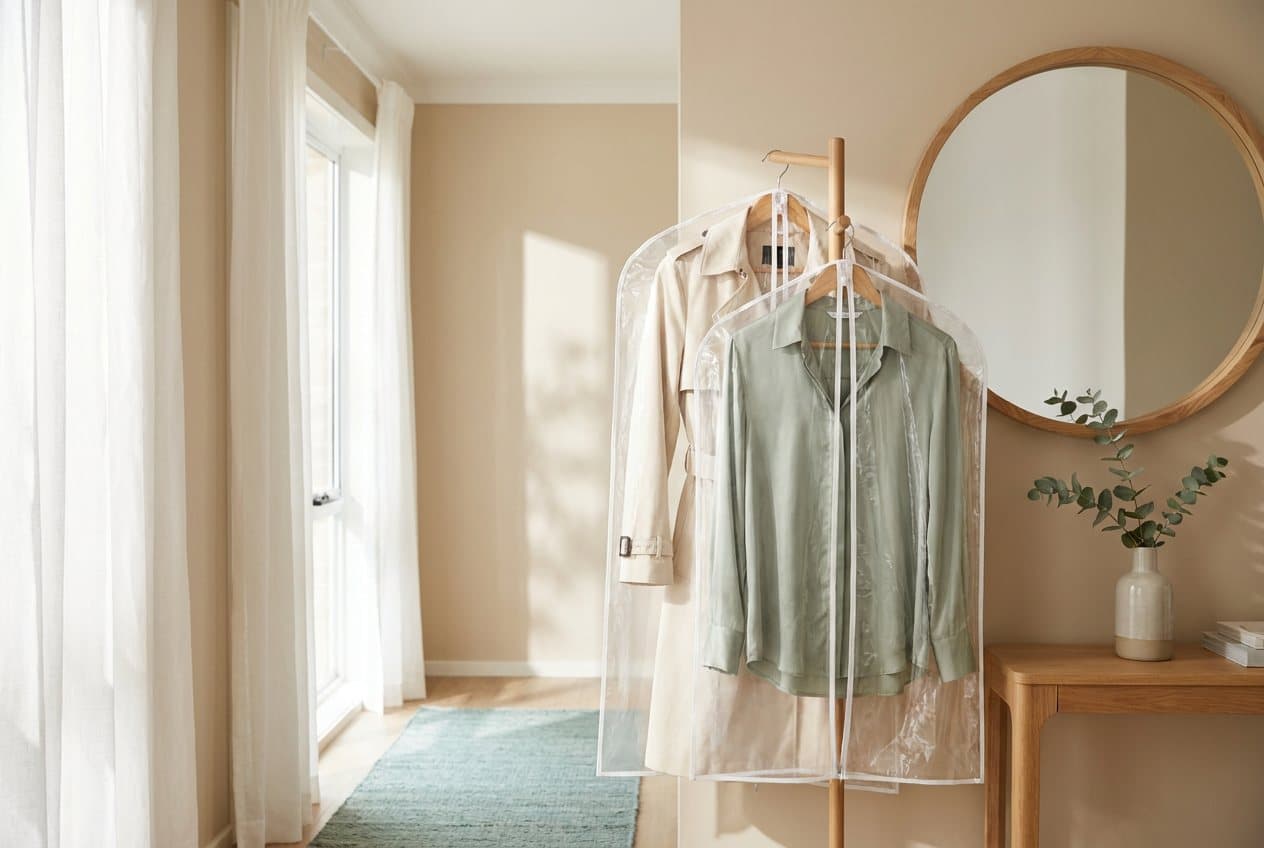 A cream trench coat and silk blouse in clear garment covers beside a hall mirror
