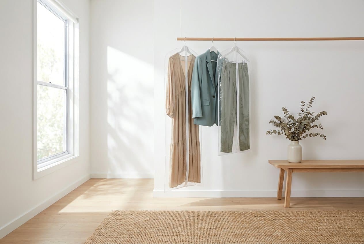 A long dress, blazer and trousers in clear garment covers hanging in a bright apartment entry hall