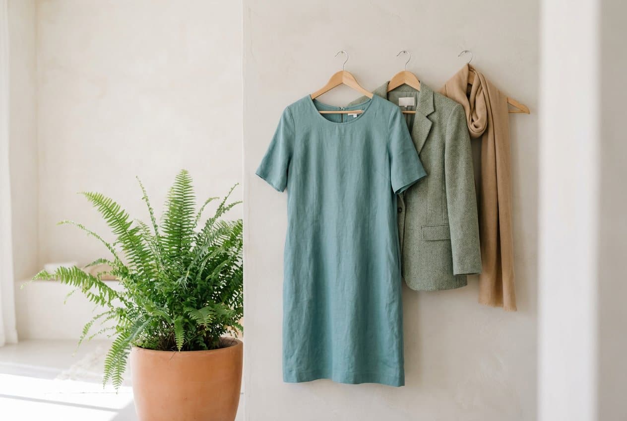 A linen dress, tweed jacket and scarf freshly pressed on timber hangers beside a potted fern