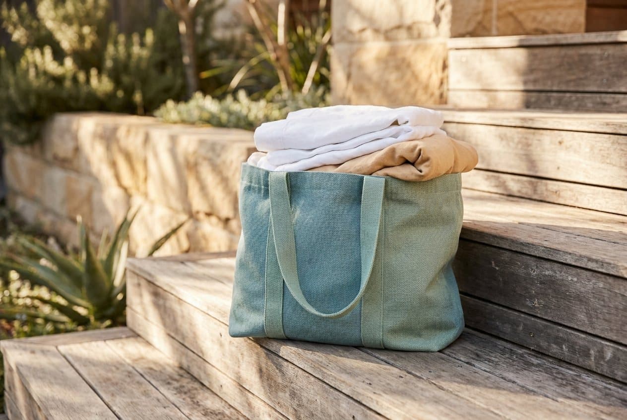 A reusable fabric bag of clean folded laundry resting on the timber front step of a Sydney home