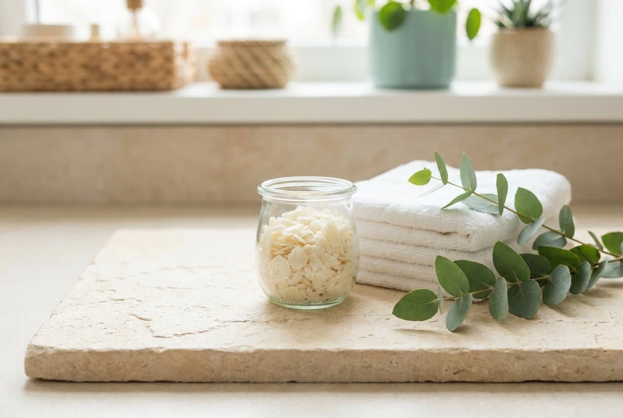A glass jar of plant-based soap flakes beside folded white cotton and fresh eucalyptus leaves