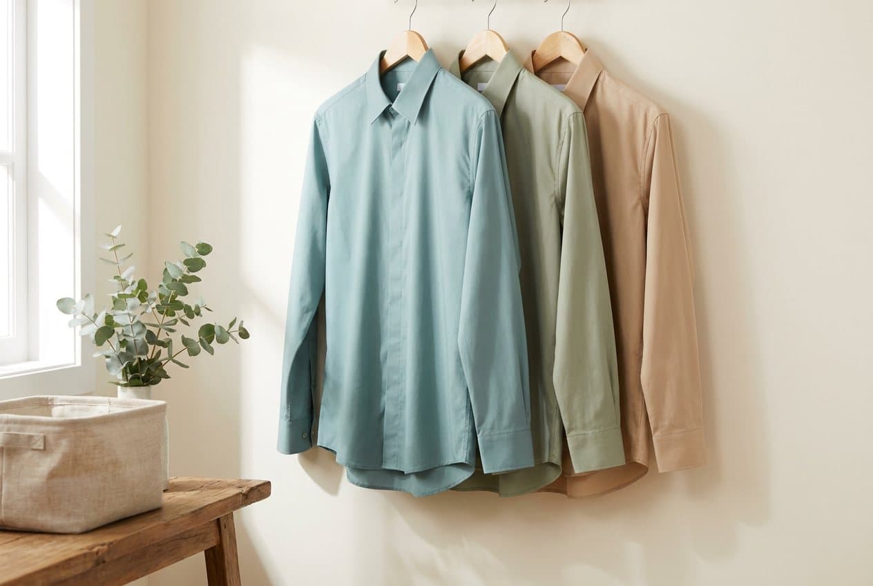 Three crisply pressed business shirts on wooden hangers against a pale wall