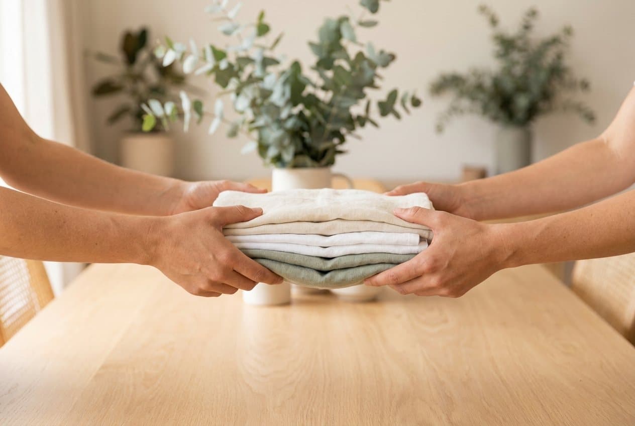 Two pairs of hands passing a folded stack of clean linen across a light table