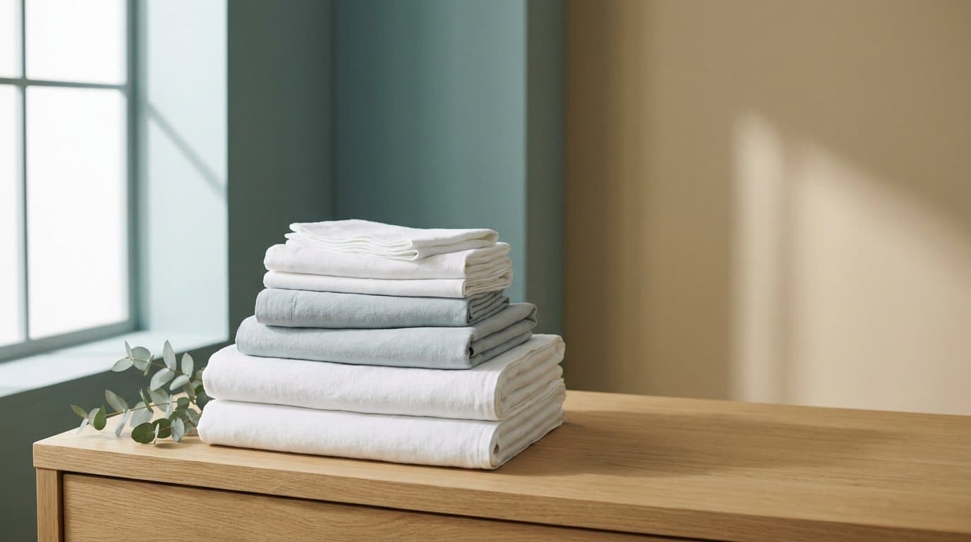A stack of freshly folded white and pale blue linen on a light oak sideboard beside a sprig of eucalyptus