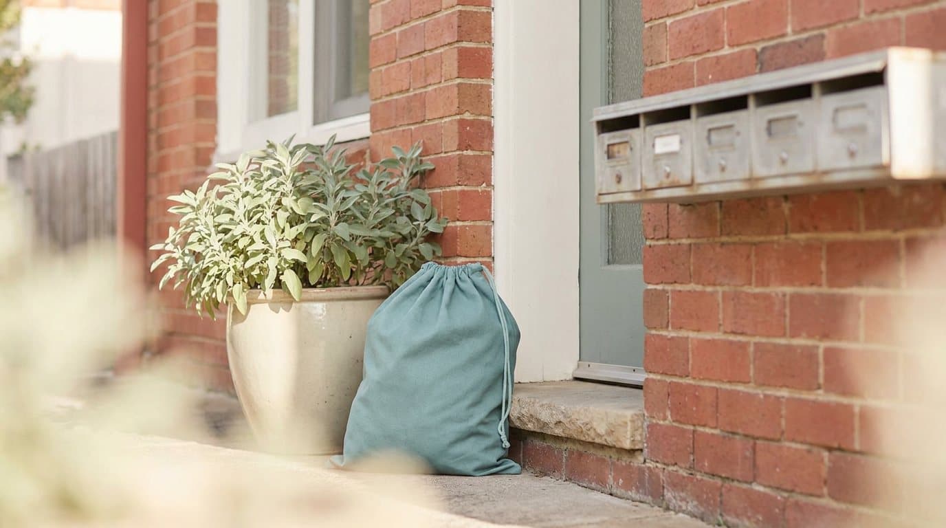 A teal drawstring laundry bag beside a potted plant at the entrance of a red-brick apartment block