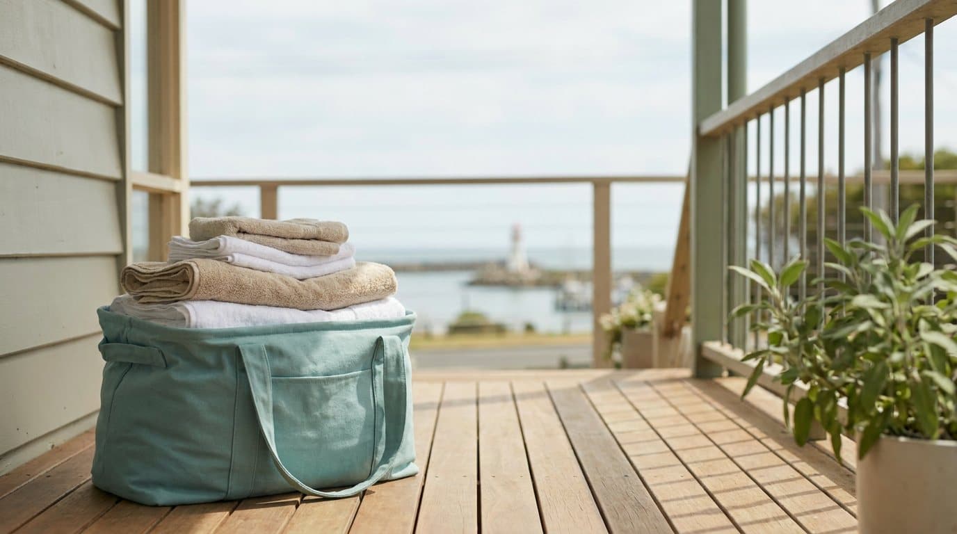 A teal laundry bag of folded towels on the timber verandah of a weatherboard cottage with harbour light behind