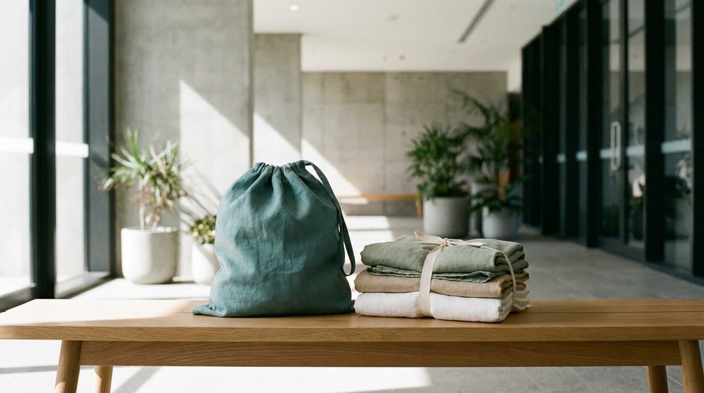 A teal laundry bag and a bundle of folded laundry on a bench in a bright modern apartment lobby