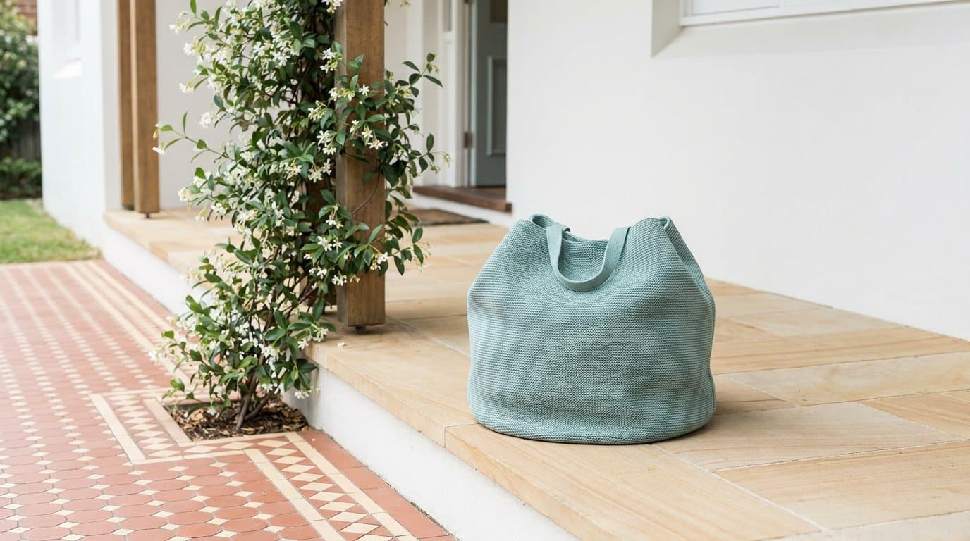 A teal laundry bag on the porch of a Federation bungalow beside a tiled path and a jasmine vine