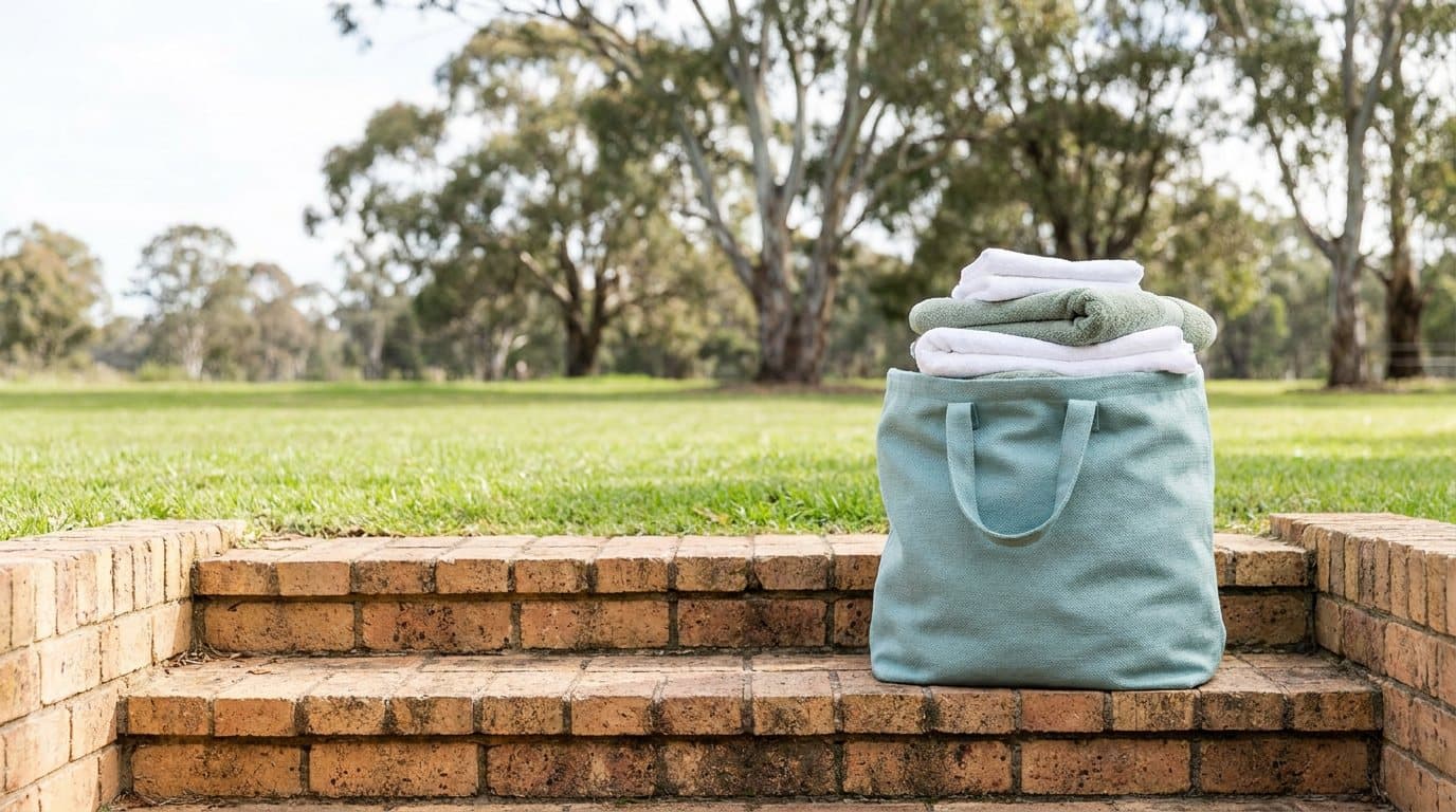 A teal laundry bag of folded towels on a brick front step with a green lawn and gum trees behind