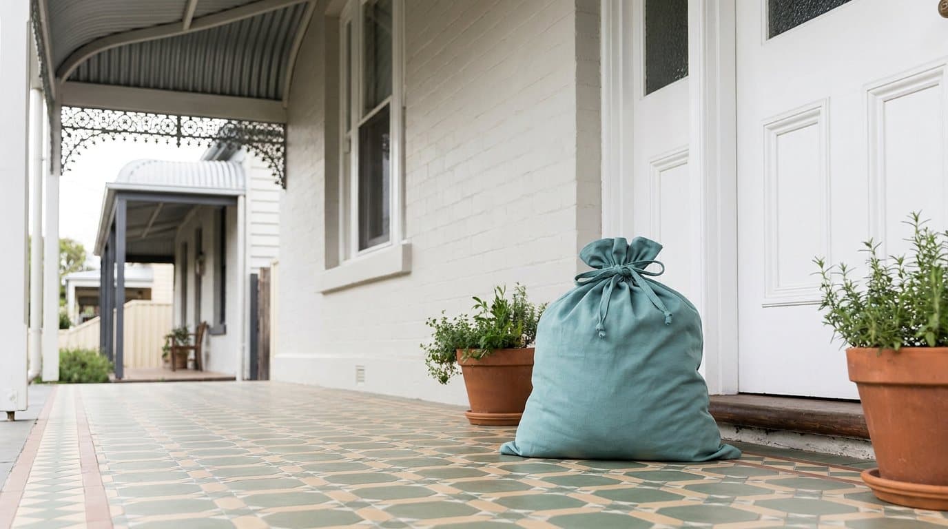 A teal drawstring laundry bag on the tiled verandah of a Victorian cottage beside the front door and pots of herbs