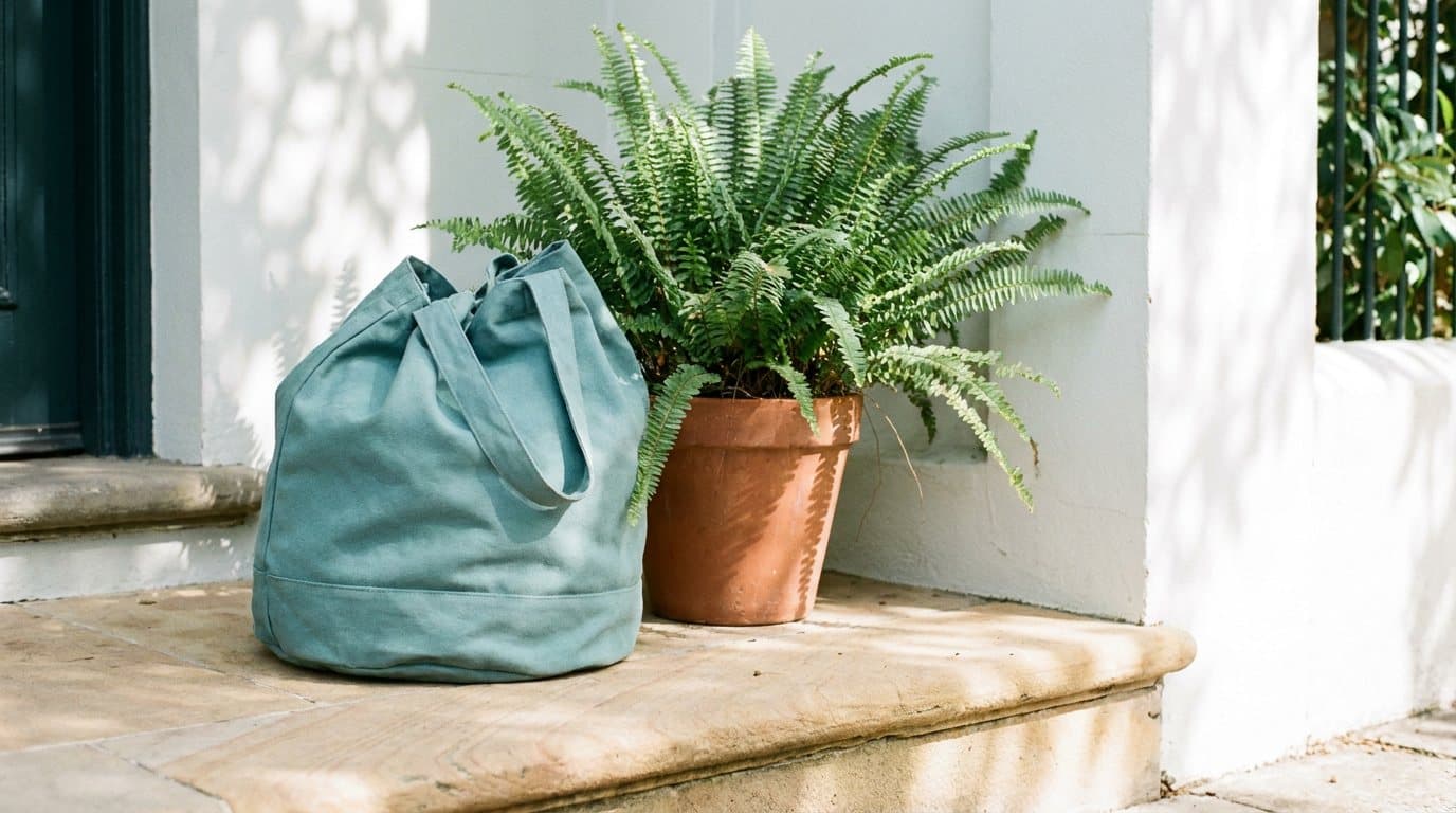 A teal laundry bag beside a potted fern at the sandstone front step of a terrace house