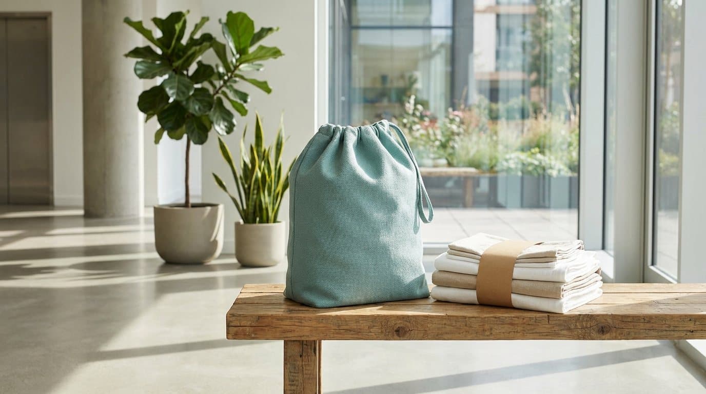 A teal laundry bag and a paper-banded bundle of folded laundry on a timber bench in a bright apartment lobby