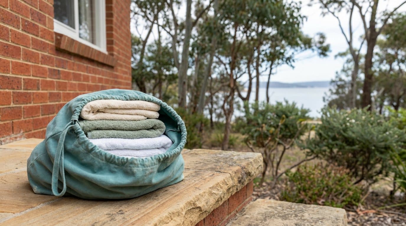 A teal laundry bag of freshly folded towels on a sandstone front step, bay water glimpsed through the trees