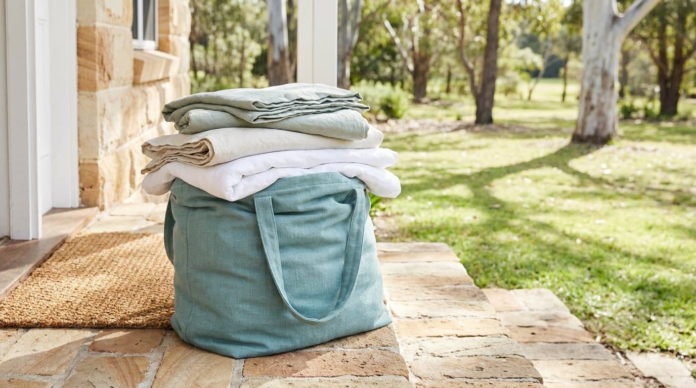A teal laundry bag topped with folded bedding on a brick front porch beside a doormat and a lawn