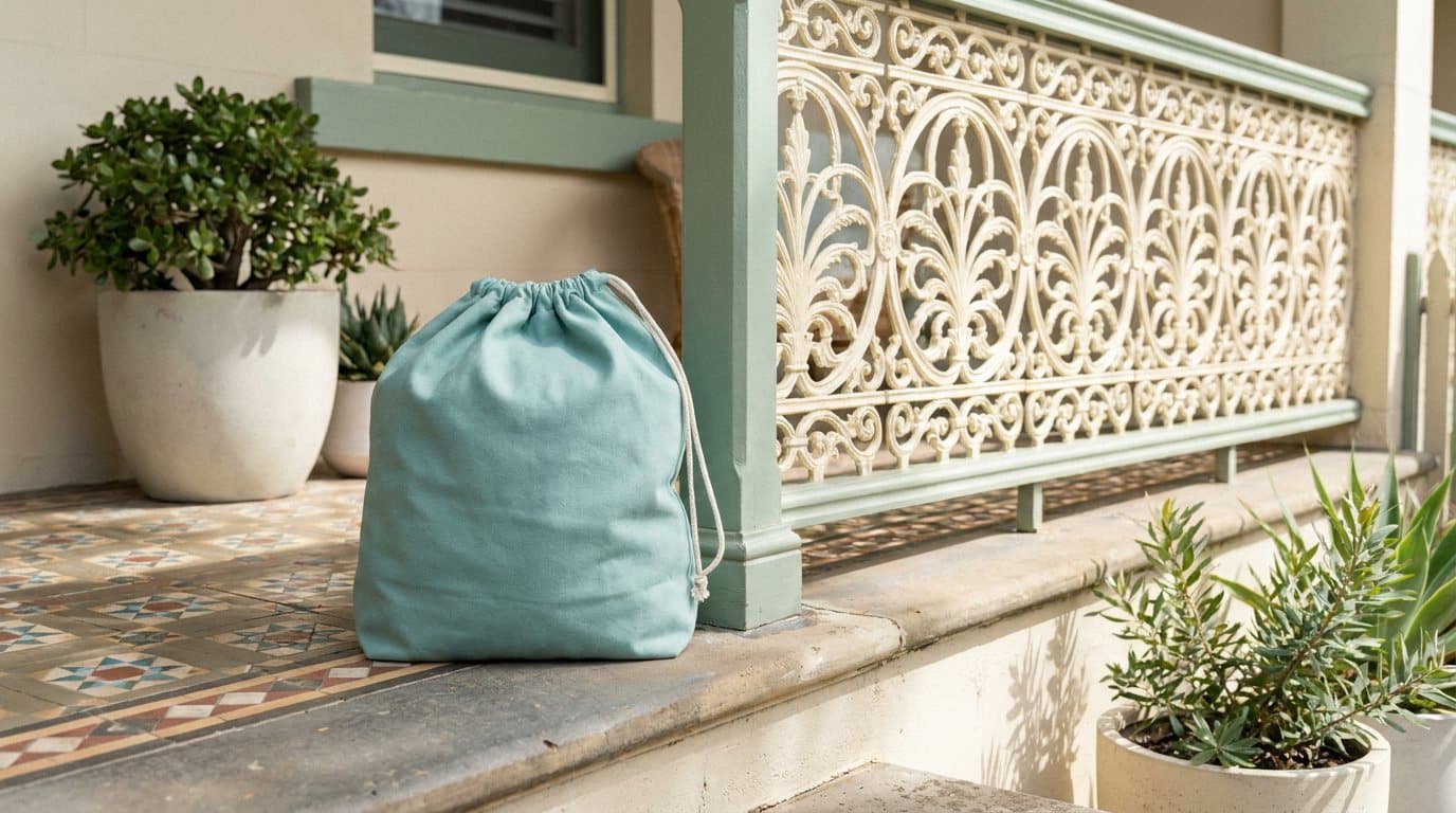 A teal drawstring laundry bag on the tiled front step of a Victorian terrace below an iron lace balustrade