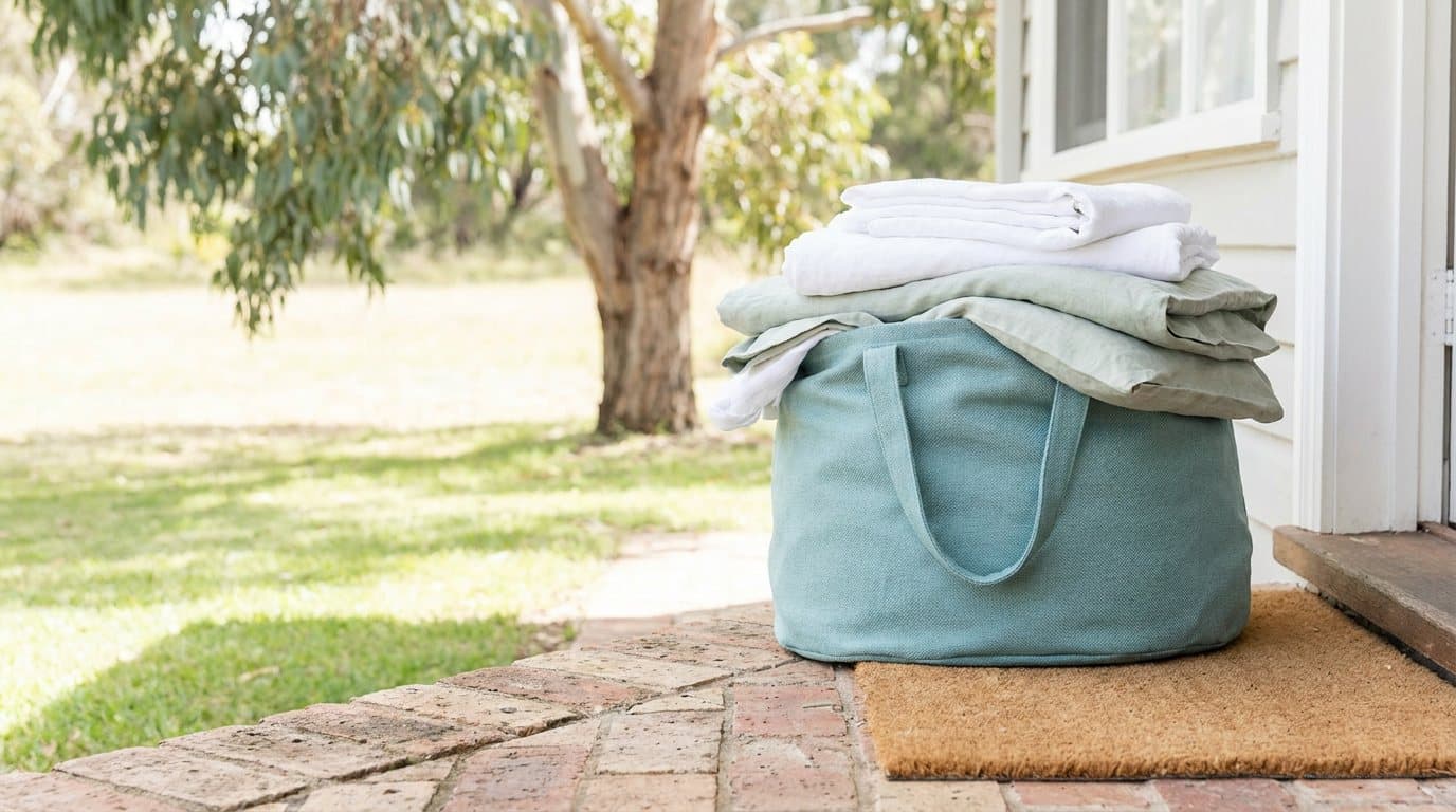 A teal laundry bag topped with folded bedding on a brick front porch beside a doormat and a green lawn